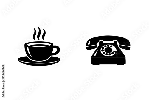 A minimalist white line art illustration featuring a steaming cup of coffee on a saucer next to a vintage rotary telephone, set against a solid black background.