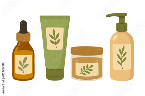 This illustration features four organic cosmetic containers: a dropper bottle, a squeeze tube, a glass jar, and a pump bottle, all decorated with simple green leaf designs.