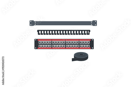 This set of network hardware features a forty-eight port patch panel, cable management accessories, and a roll of fastening tape for organizing server rack wiring.