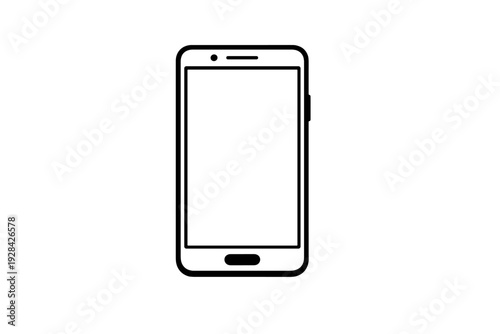 A minimalist black and white line drawing of a smartphone icon featuring a screen, front camera, speaker, and home button. This simple outline illustration is set against a black background.