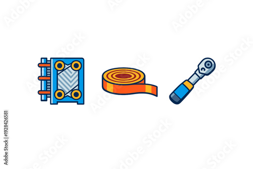 A set of three industrial icons featuring a blue plate heat exchanger, a roll of orange tape, and a ratchet wrench tool, all presented in a stylized vector format on a black backdrop.