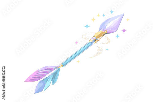 This digital illustration features a magical arrow with a purple crystal head and pastel feathers, accented by glowing stars and a colorful light trail on a black background.