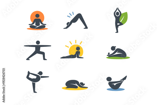 This set of nine stylized icons features diverse yoga poses including meditation, downward dog, and tree pose. The minimalist flat design uses dark figures with colorful accents.
