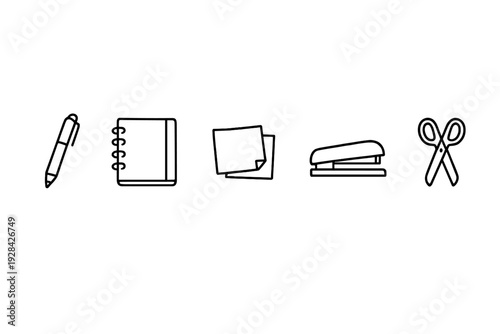 A collection of five white line icons representing office supplies, including a pen, notebook, sticky notes, stapler, and scissors, arranged horizontally on a black background.