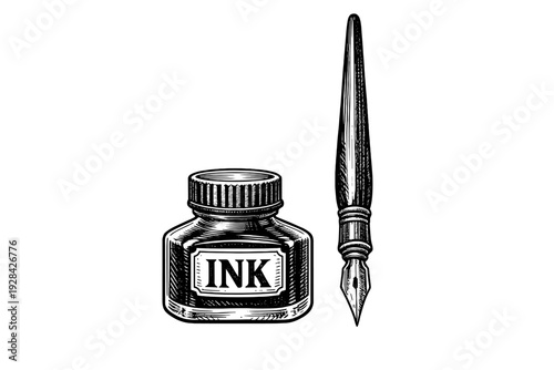 A black and white woodcut illustration of a glass ink bottle with a label and a traditional dip pen with a metal nib, set against a solid black background.