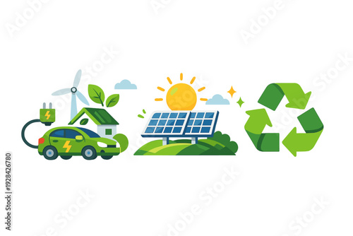 A flat illustration featuring renewable energy concepts including an electric car, a wind turbine, solar panels under a bright sun, and a green recycling symbol on a black background.