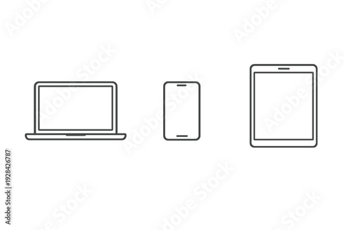 This minimalist graphic shows white outlines of a laptop, a mobile phone, and a tablet computer against a solid black background, representing various modern digital communication devices.