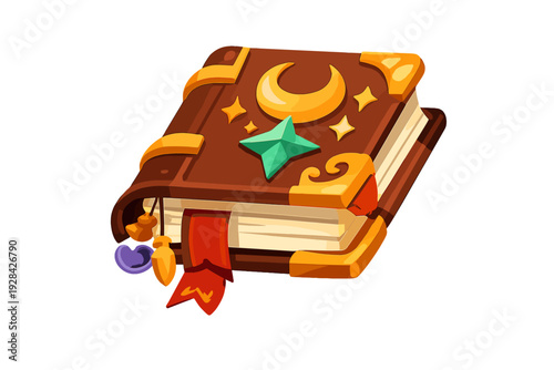 A stylized digital illustration of a magical brown grimoire with golden moon and star decorations, a green gem, and a red ribbon bookmark against a solid black background.