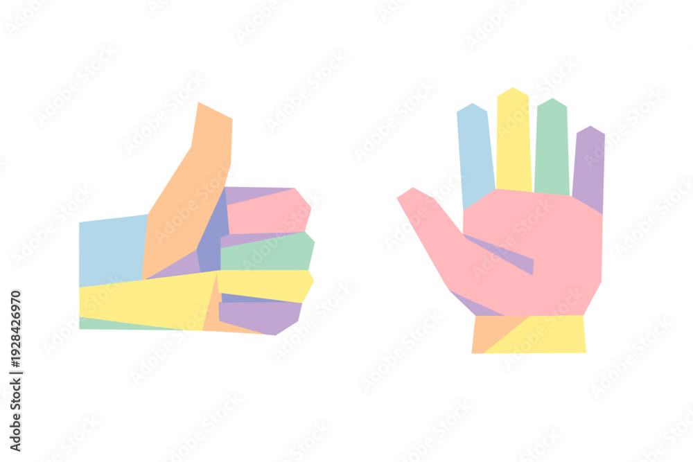 Obraz premium Two stylized hands made of colorful geometric shapes are shown against a black background. One hand gives a thumbs-up gesture while the other is an open palm with fingers spread.