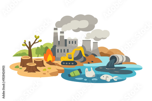 A cartoon illustration showing environmental pollution with a factory emitting smoke, deforestation, an excavator, and industrial waste flowing into a river with plastic and a dead fish.