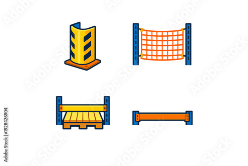 A set of four flat vector icons representing warehouse safety equipment including a corner protector, safety netting, a pallet rack system, and a protective guardrail barrier.