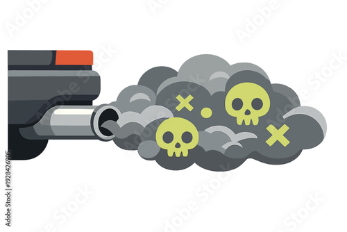 A flat illustration of a vehicle exhaust pipe emitting a thick grey cloud of toxic smoke containing skull symbols, representing air pollution and environmental damage from carbon emissions.