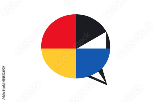 A circular graphic divided into four colored quadrants of red, black, yellow, and blue. Dark geometric triangular shapes overlap the right side against a solid black background.