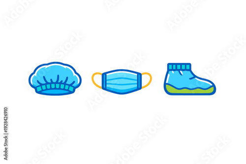 This illustration features three blue icons of personal protective equipment: a bouffant cap, a medical face mask, and a shoe cover, isolated on a plain black background.