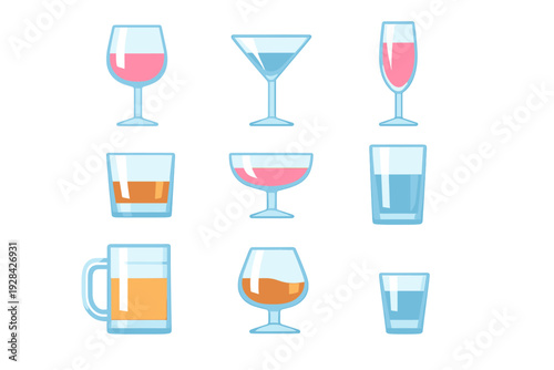 This set of nine vector icons displays various types of glassware including wine, martini, and beer glasses filled with colorful liquids, all presented on a solid black background.