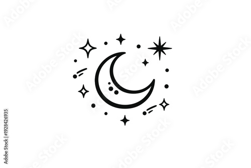 This black and white line art graphic features a central crescent moon encircled by twinkling stars, shooting stars, and dots, creating a celestial and mystical atmosphere.