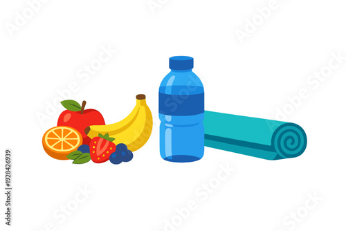 A flat vector illustration featuring a variety of fresh fruits including an apple, banana, and berries, alongside a blue water bottle and a rolled teal yoga mat on a black background.