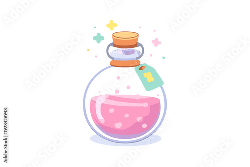 A cute cartoon illustration of a round glass potion bottle filled with pink liquid and hearts, featuring a cork stopper and a tag with a bone, surrounded by pastel stars on a black background.