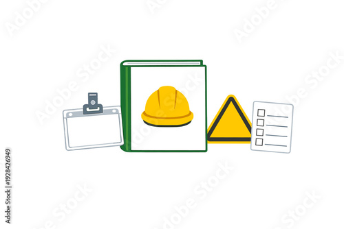 This illustration features a green safety manual with a yellow hard hat icon, an ID badge, a yellow warning triangle, and a checklist document against a solid black background.