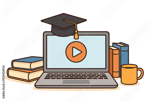This digital illustration features a laptop with a graduation cap on top, surrounded by stacks of books and a mug, representing online education and academic learning concepts.