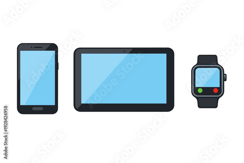 A flat vector illustration featuring a smartphone, a digital tablet, and a smartwatch with light blue screens, all arranged horizontally against a solid black background.