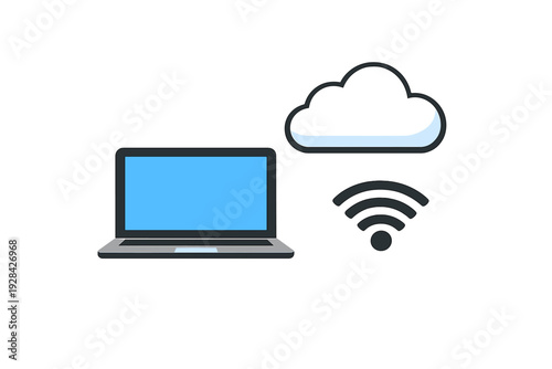 A flat illustration featuring a laptop computer, a white cloud icon, and a black wireless internet signal symbol against a solid black background. Represents digital connectivity.