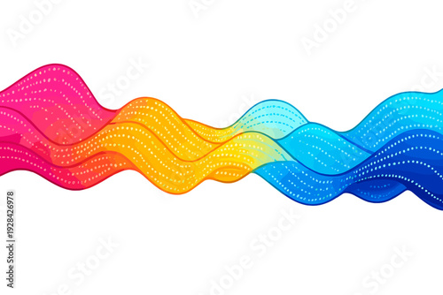 A vibrant abstract illustration featuring colorful wavy lines composed of small white dots against a solid black background, transitioning from pink and orange to blue and cyan.