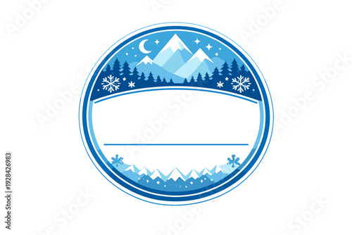 A circular winter-themed badge featuring snow-capped mountains, a pine forest, and a crescent moon under a starry sky. The design includes snowflakes and a blank space for custom text.