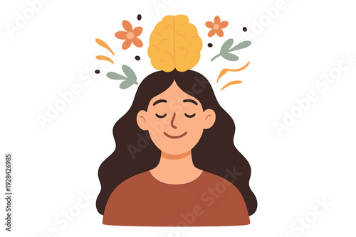A flat illustration of a woman with her eyes closed and a peaceful smile, featuring a yellow brain icon above her head surrounded by colorful flowers and leaves on a black background.