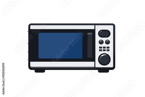 This flat vector illustration features a modern microwave oven with a dark body, a light grey control panel, and a blue glass door, isolated on a solid black background.