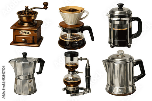 Six various coffee preparation devices including a manual grinder, pour-over, French press, moka pot, siphon, and percolator are arranged on a dark background for a studio product shot.