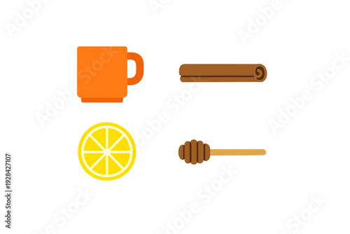This flat vector illustration displays an orange mug, a cinnamon stick, a yellow lemon slice, and a honey dipper on a black background. Perfect for representing warm beverage ingredients.