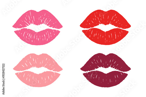 Four sets of lipstick lip prints in various shades of pink and red are arranged in a grid pattern against a solid black background. Each print shows detailed texture and lip lines.