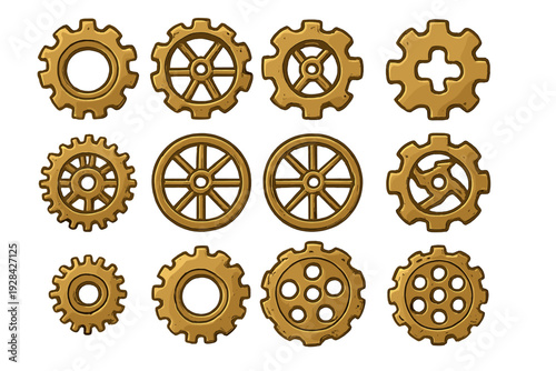 A collection of twelve golden mechanical gears and wheels displayed on a black background. The set features various designs including spoked wheels and toothed cogs with a weathered texture.