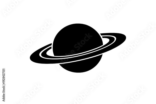 This minimalist black and white line art illustration depicts a planet with rings, similar to Saturn, against a dark background. It features clean lines and a simple design.