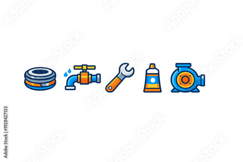 Five stylized plumbing and maintenance icons featuring a roll of tape, a dripping faucet, a wrench, a tube of sealant, and a water pump, illustrated in blue and orange on a black background.