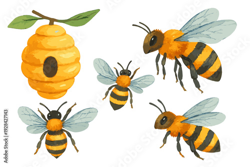 A watercolor illustration set featuring four honeybees in various poses and a yellow beehive hanging from a branch with green leaves. The artwork has a soft, hand-painted texture.