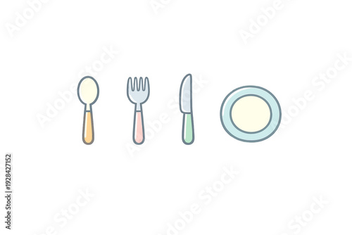 A minimalist illustration of a colorful spoon, fork, knife, and plate set against a solid black background. The cutlery features pastel-colored handles in orange, pink, and green.