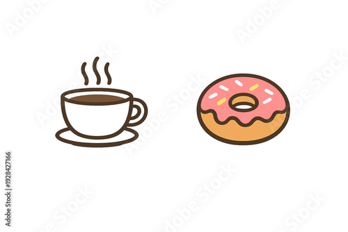 A minimalist illustration of a steaming cup of dark coffee on a saucer next to a pink frosted donut with colorful sprinkles, set against a solid black background.