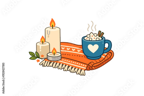 A cozy illustration featuring three lit candles, a blue mug of hot cocoa with marshmallows and cinnamon sticks, and a folded orange patterned blanket on a black background.