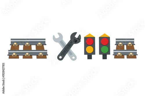 This graphic shows railway track sections, crossed wrenches, and two traffic lights against a black backdrop, symbolizing rail network maintenance and infrastructure repair.
