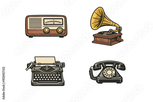 A collection of four vintage objects including a retro radio, a gramophone, a classic typewriter, and a rotary telephone, all illustrated in a nostalgic style on a black background.