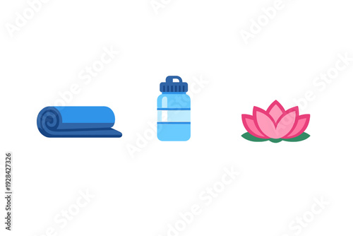 A flat illustration featuring a rolled blue yoga mat, a blue water bottle, and a pink lotus flower with green leaves, all set against a solid black background for a clean look.