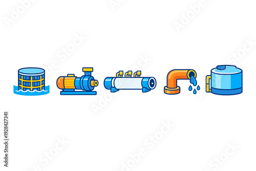 A set of five stylized icons representing industrial water treatment processes, including a well, a pump, a filtration unit, a dripping pipe, and a storage tank on a black background.