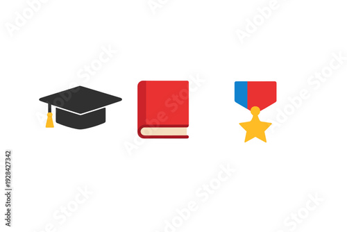 This graphic shows a black mortarboard, a red hardcover book, and a gold star medal on a plain black background, representing education, learning, and academic achievement.