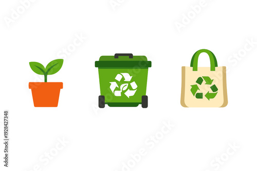 Three flat icons representing environmental sustainability including a potted plant, a green recycling bin with a leaf symbol, and a reusable shopping bag on a black background.