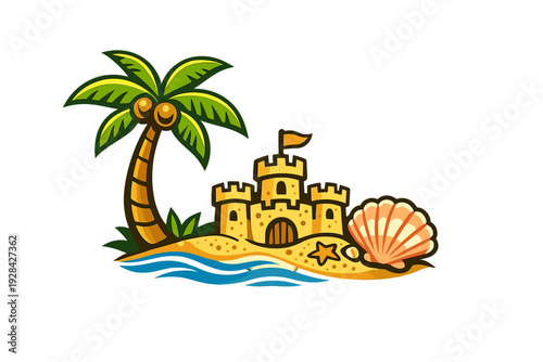 This colorful vector illustration depicts a tropical beach scene with a detailed sandcastle, a tall palm tree, a seashell, and a starfish resting on the sand by blue ocean waves.