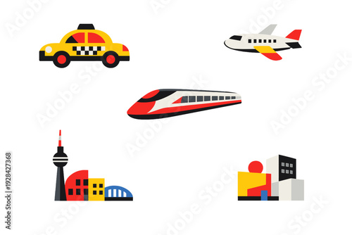 A collection of flat vector icons featuring a yellow taxi, a commercial airplane, a high-speed train, and stylized city buildings with a tower on a black background.