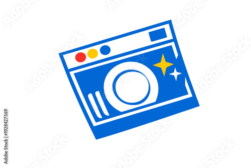 A flat design illustration of a blue dishwasher or washing machine with a white circular door and colorful control buttons, featuring a yellow sparkle on a black background.