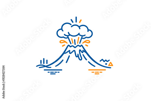 A minimalist line art illustration of an erupting volcano with blue and orange strokes on a black background, featuring stylized smoke clouds and lava splashes in a modern graphic style.